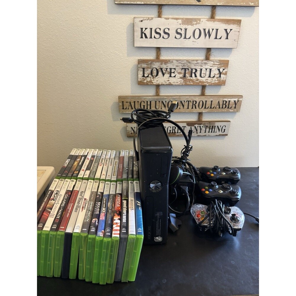 Xbox 360 Slim 250GB Console Bundle w/3 Controllers 30 Games Black TESTED